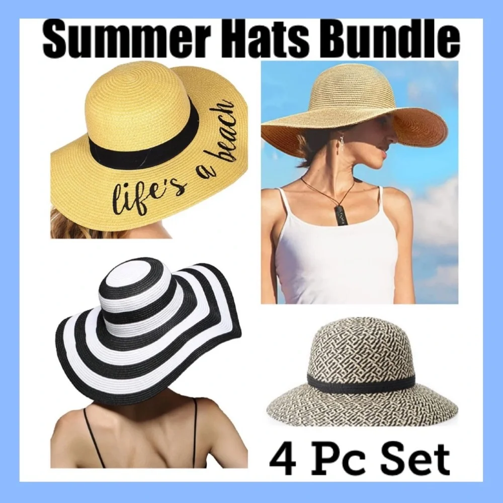 Sun Hats 4 Pc Set Wide Brim Summer Beach Straw Derby Fedora Natural Black Womens